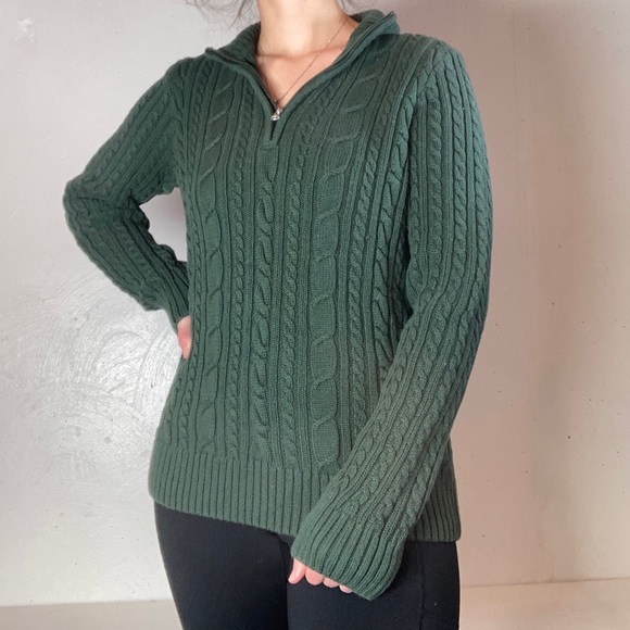 Forest Green Cable Knit Quarter Zip Sweater - Picture 1 of 10